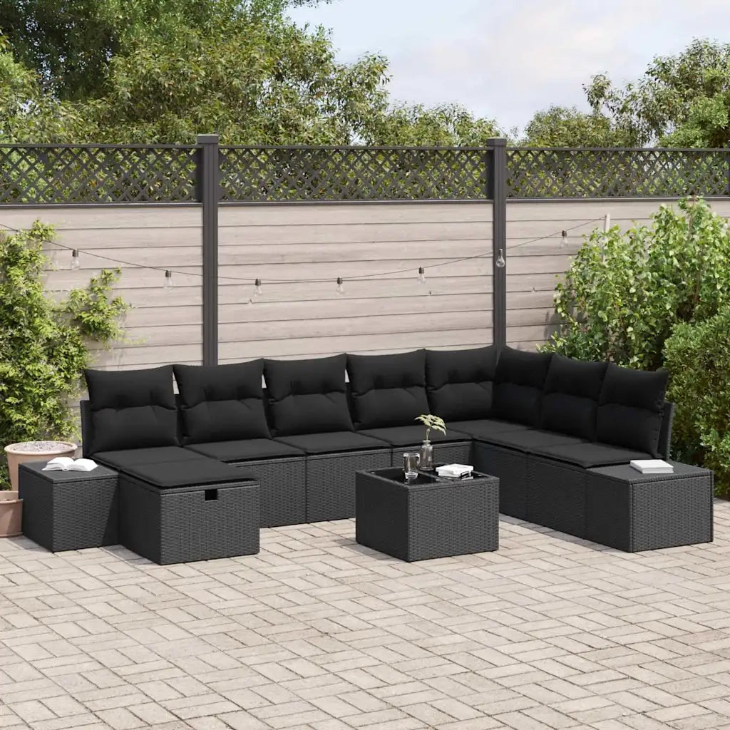 Set Divano da Giardino con cuscino 9 pcs Nero polyrattan