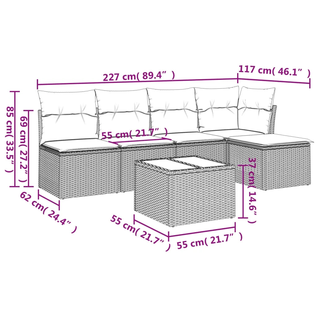 Set Divano da Giardino 6 pz con Cuscini Nero in Polyrattan