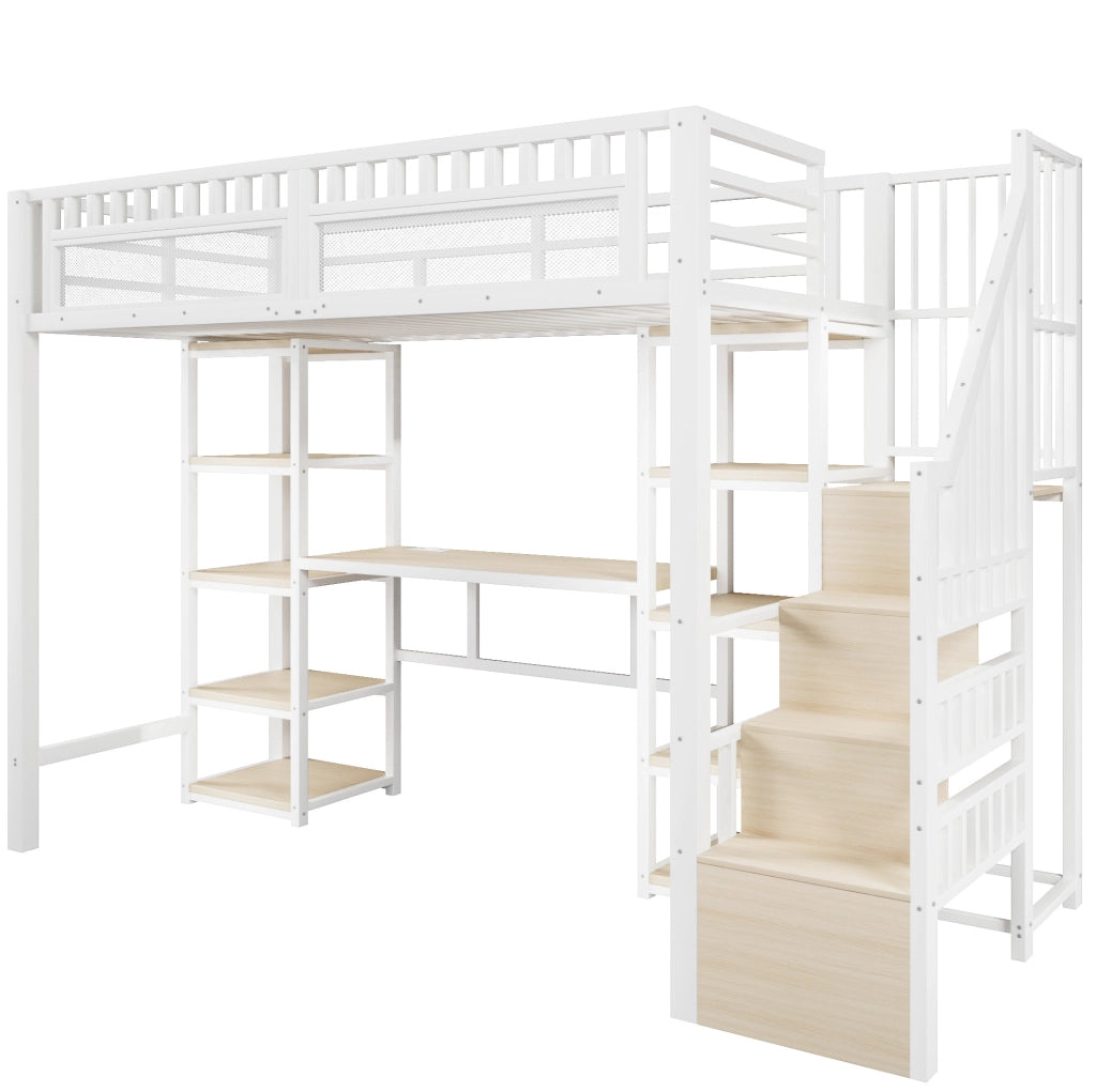 Letto a castello 90x200 cm in metallo e MDF con scrivania; ripiani; LED e USB; bianco