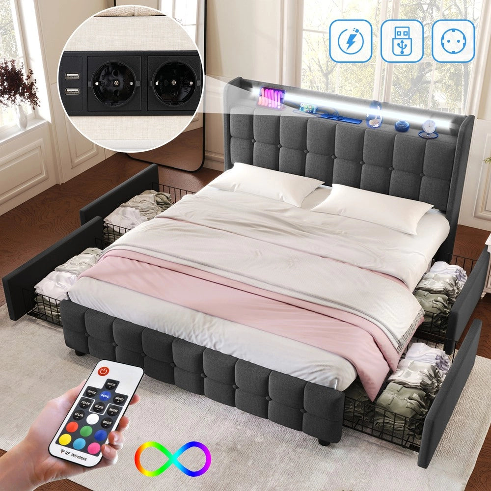 Letto Imbottito con LED, USB e Cassetti ¨C MINIMAL ¨C Grigio, 160x200