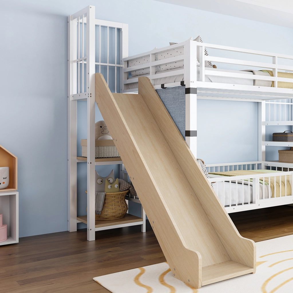 Letto a soppalco in metallo 90*200CM bianco; scivolo; riporzione; scaffali; letto per bambini sicuro e che fa risparmiare spazio