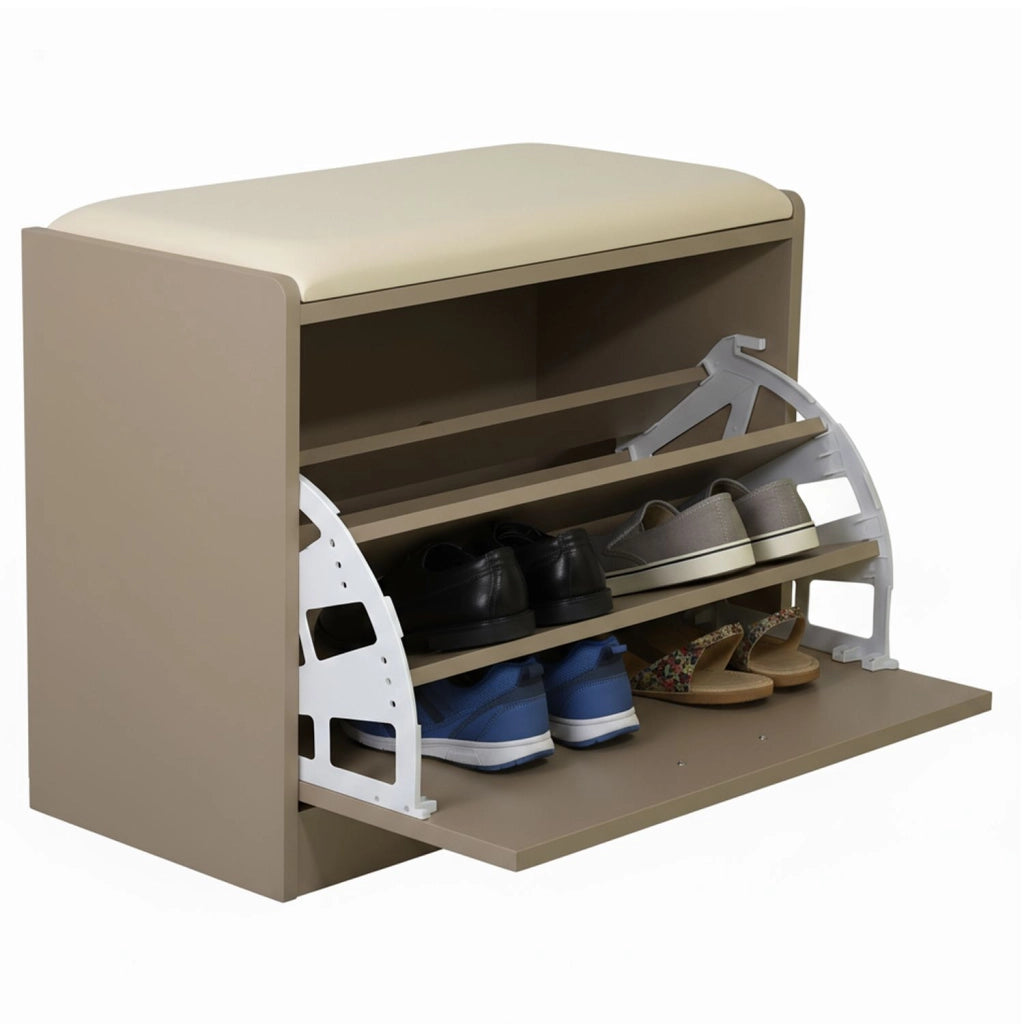 Marvin Scarpiera Panca da Ingresso Portascarpe Salvaspazio in Legno Seduta con Cuscino Anta a Ri Tortora / Cuscino Beige