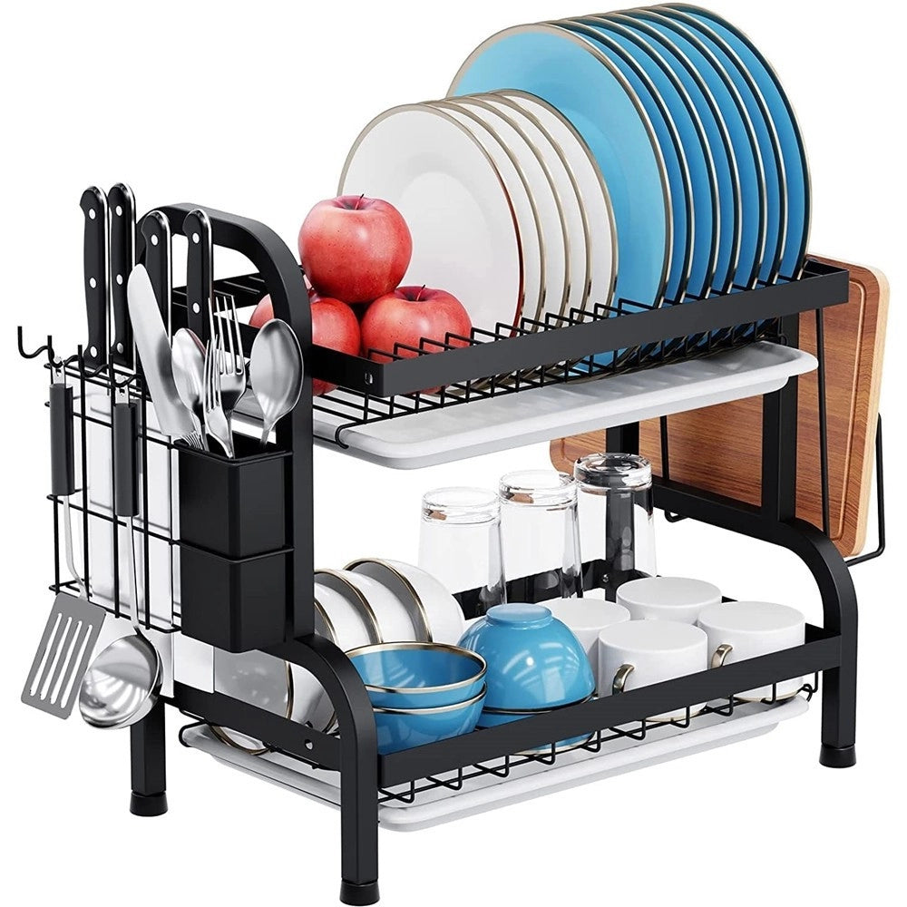 Trade Shop - Scolapiatti Appoggio Lavello Acciaio A Doppio Strato Vassoi Scaffale Portaposate -