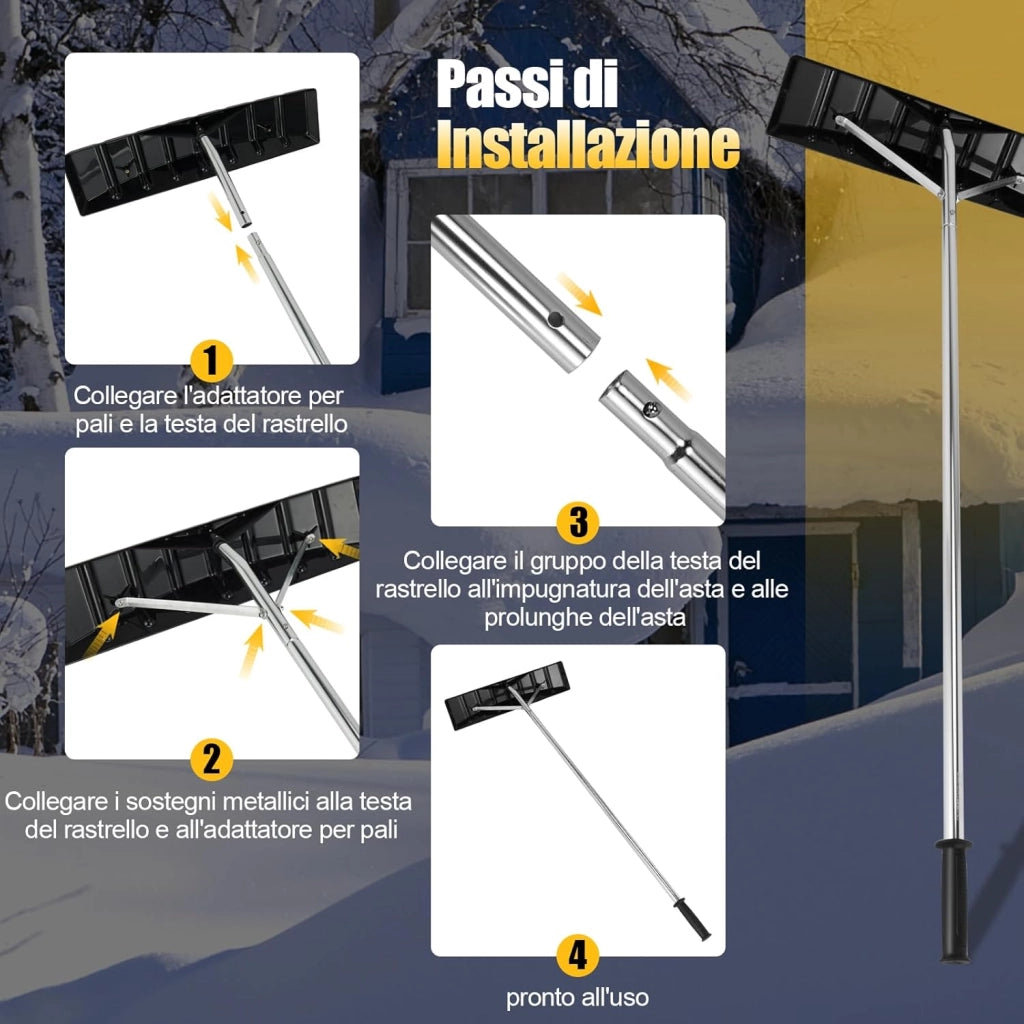 Rastrello per Neve Regolabile, Tetto Neve Pala con Regolabile telescopico Maniglia 148-609 cm, Lama Spaziosa di 63 cm, Ideale per Tetti, Auto