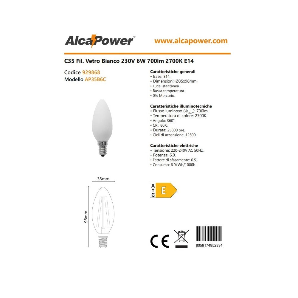 Alca power c35 6w 230v 700lm 3000k e14 lampada oliva a filamento a led vetro bianco