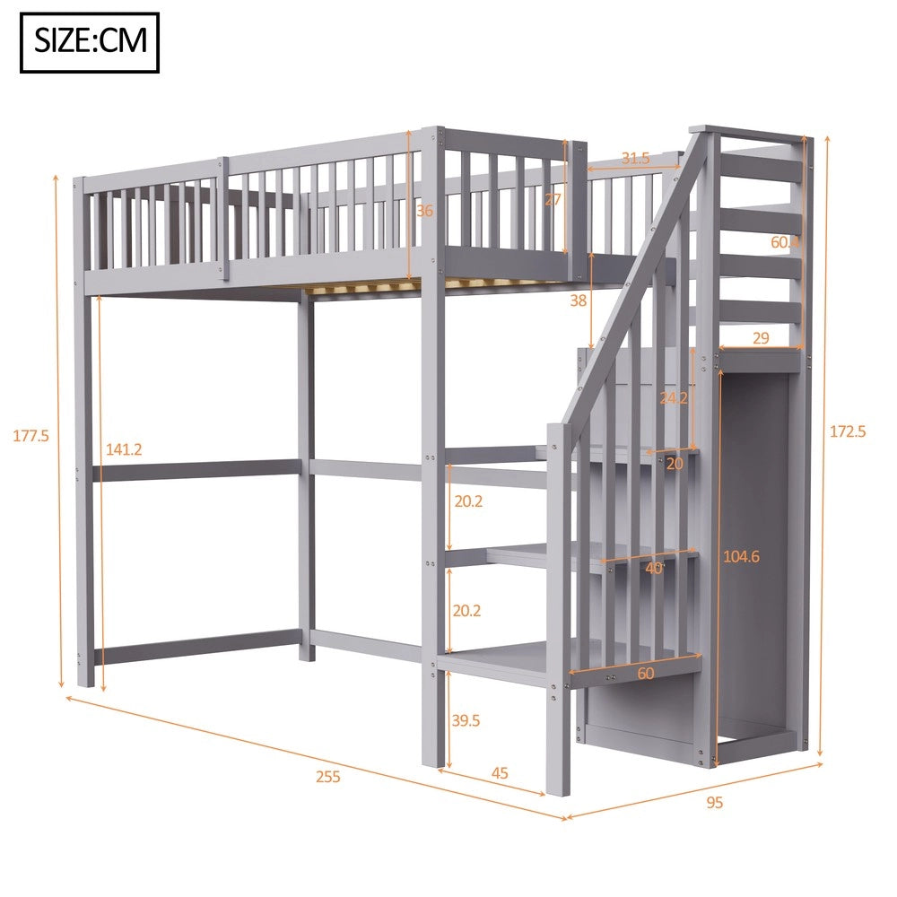 Letto a Soppalco con Scala e Armadio ¨C MINIMAL ¨C Legno Grigio 90x200