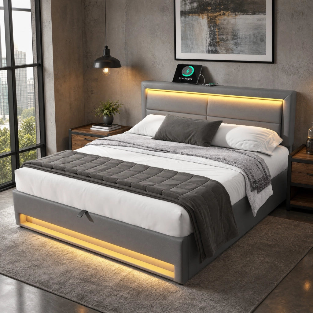 LETTO imbottito multifunzionale 140x190 cm PU grigio con USB, LED e contenitore