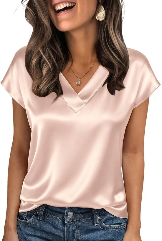 Camicia elegante in seta per donna con collo V e maniche corte - Camicie da ufficio S-XXL