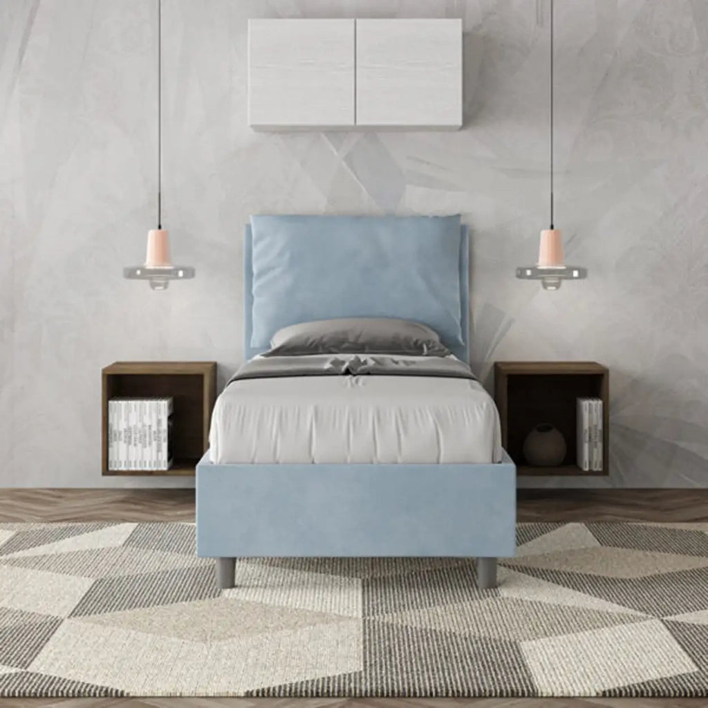 Letto singolo senza rete imbottito 80x190 microfibra azzurro Antea
