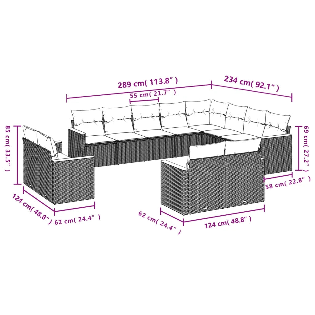 Set Divani da Giardino 12 pz con Cuscini Nero in Polyrattan 3226510