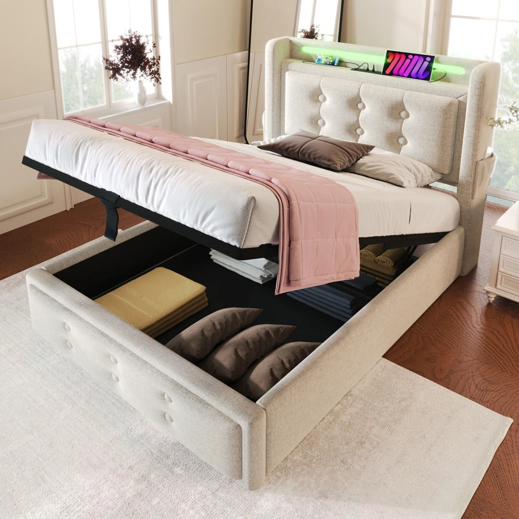 LETTO 90x200 cm Beige in cotone-lino con LED, prese, USB e Type C