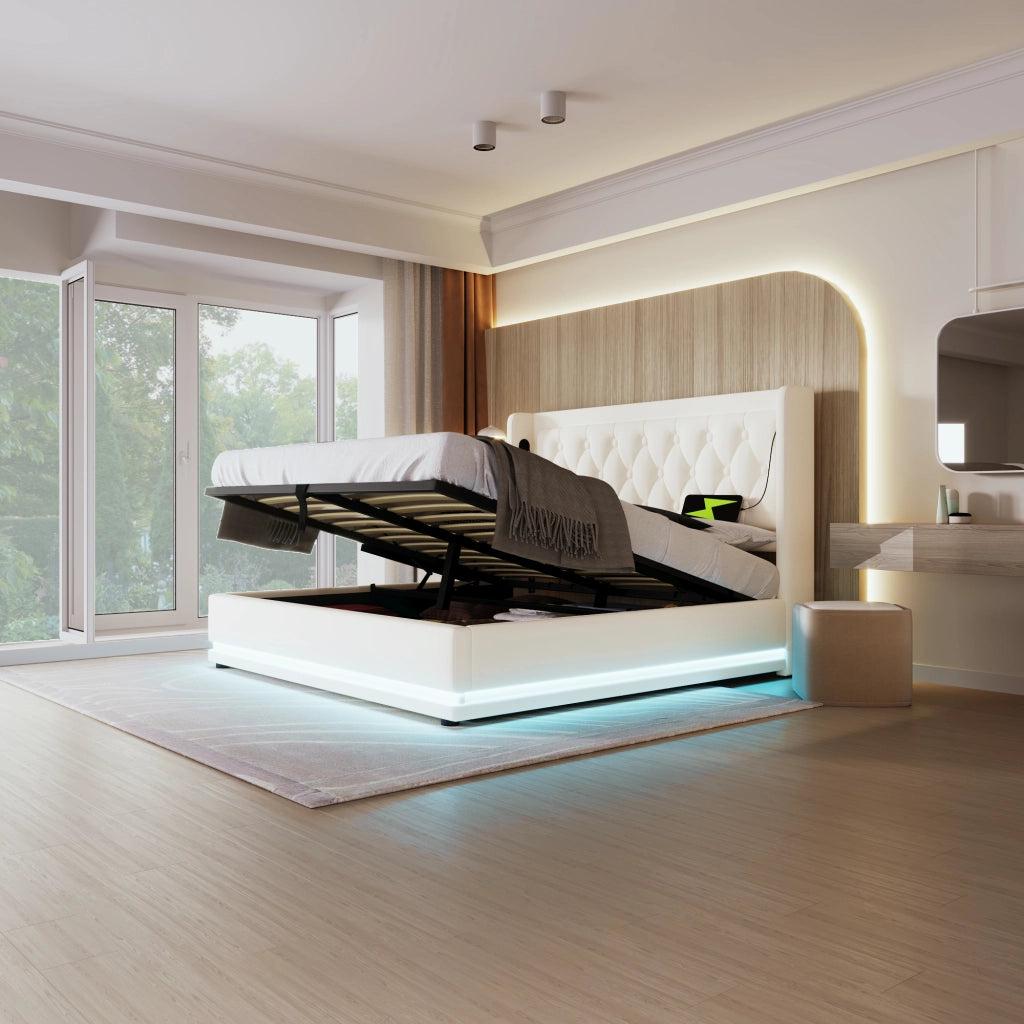 LETTO Contenitore 160x200 cm in PU Bianco con USB Type-C e LED