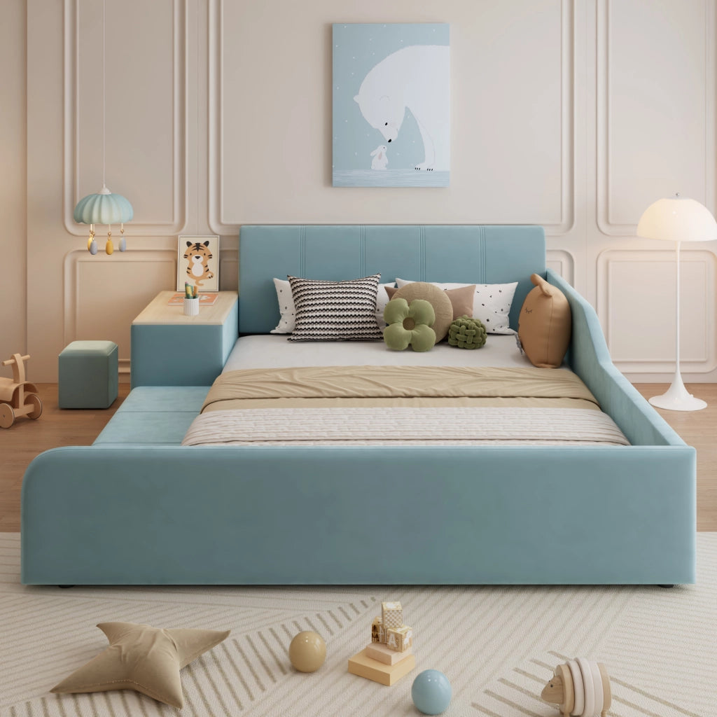 Letto Singolo Imbottito con Scrivania e Sgabello ¨C MINIMAL ¨C Velluto Blu 140x200