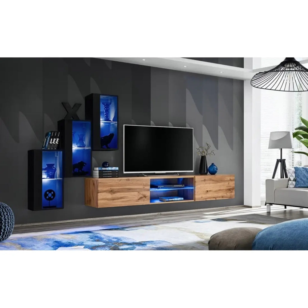 Set di mobili da salotto SWITCH XXII – LED – Nero e quercia – Design sospeso