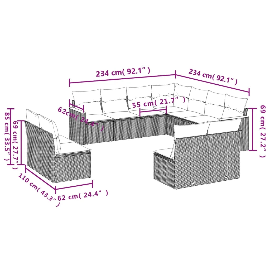 Set Divani da Giardino 11 pz con Cuscini in Polyrattan Nero 3226083