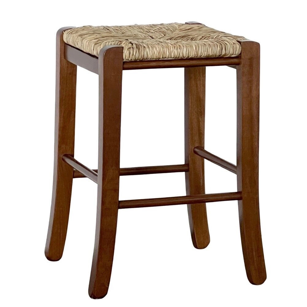 Sgabello legno noce scuro h 47 cm con seduta quadrata in paglia e gambe curvate