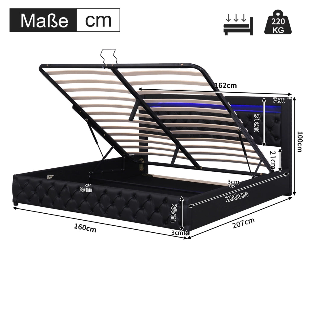 LETTO Imbottito 160x200 cm Nero in PU con LED e rete a doghe
