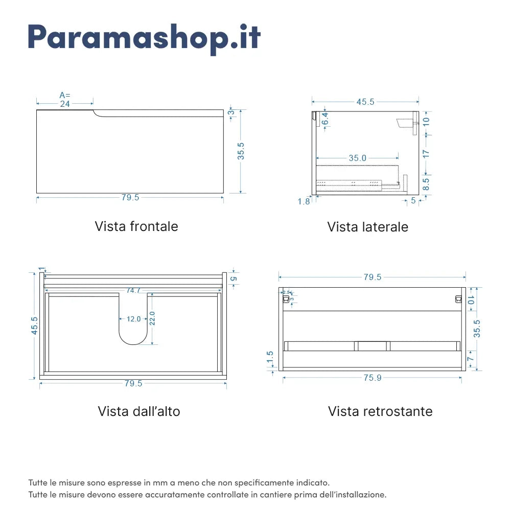 Mobile bagno sospeso 80cm un cassetto bianco opaco con lavabo | Ardenne