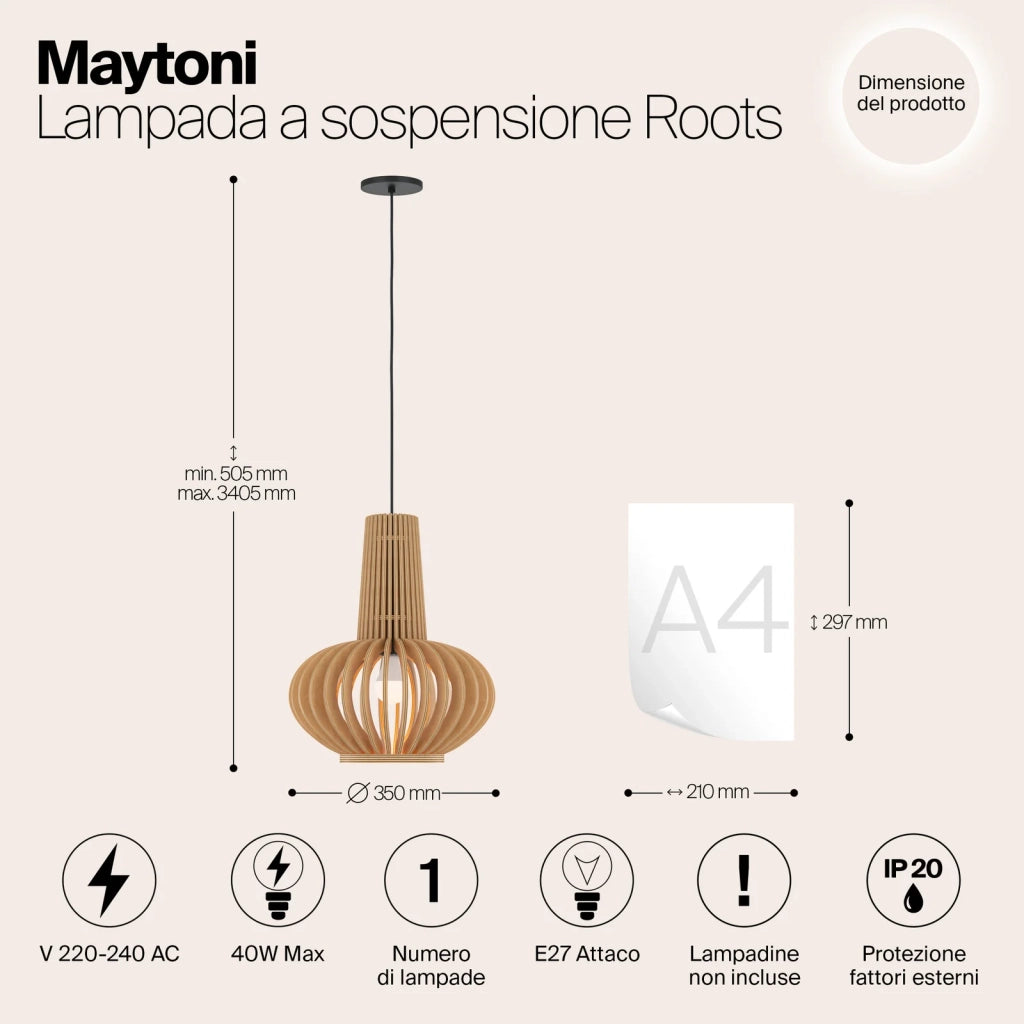 Maytoni Sospensione moderna Roots 1 luce E27 nero metallo legno