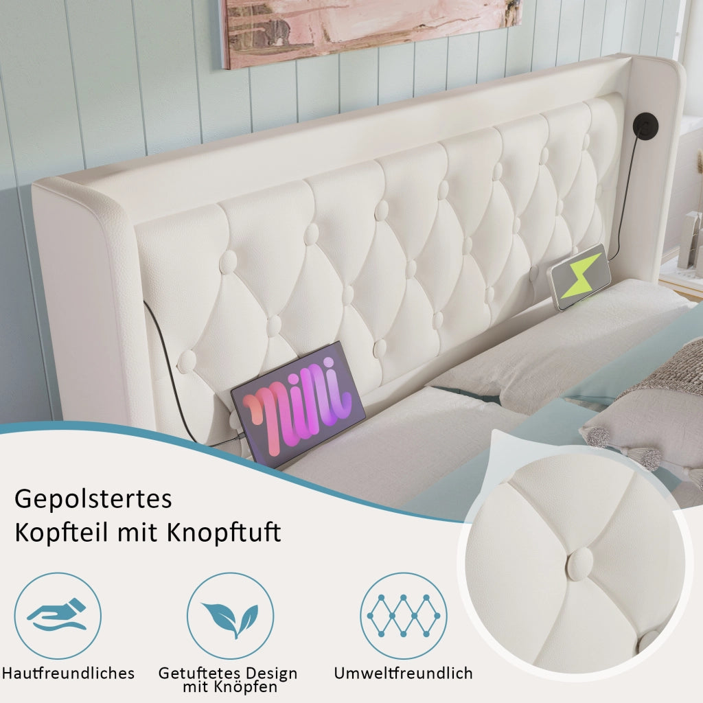 LETTO Contenitore 180x200 cm PU Bianco con porta USB Type-C