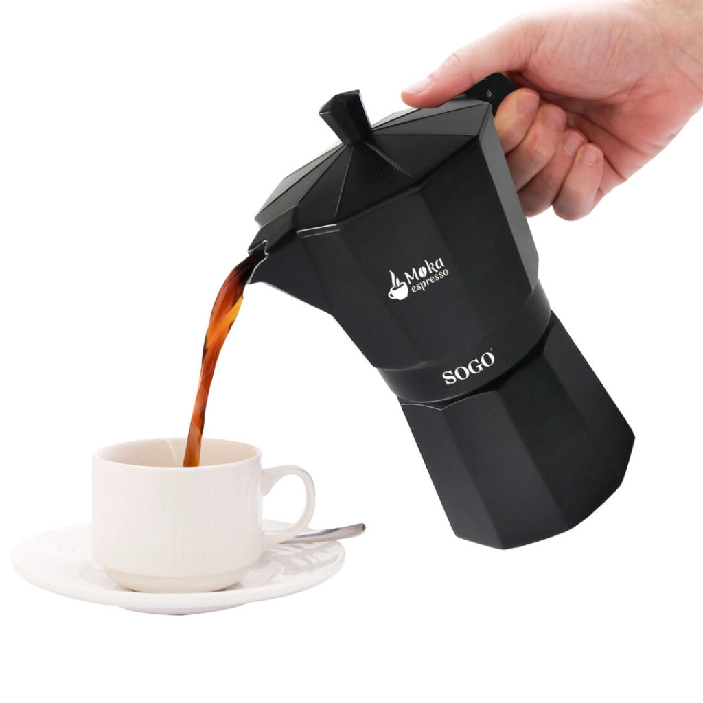 Caffettiera moka 6 tazze in alluminio nero per induzione gas e vetroceramica, manico ergonomico per espresso - Sogo