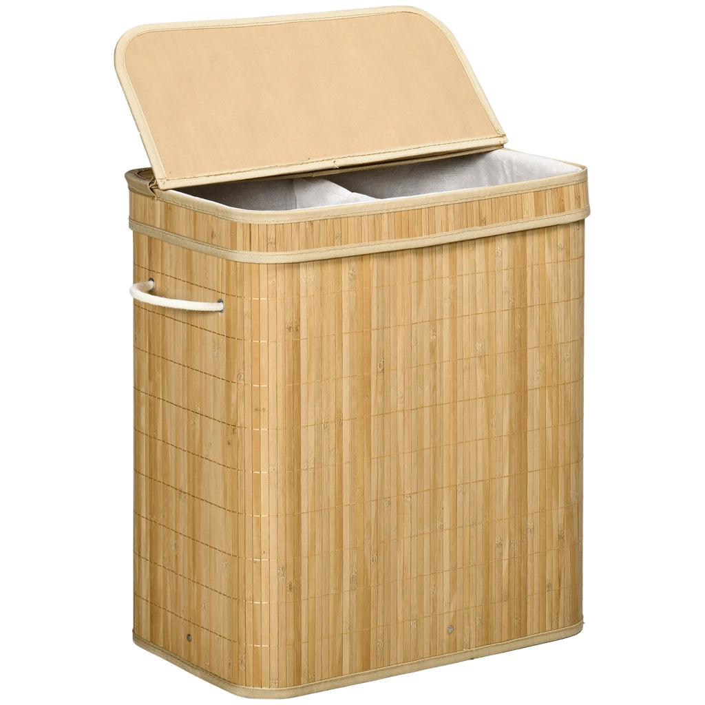 Cesto Portabiancheria Pieghevole in Bamb¨´ con 2 Scomparti e Coperchio ¨C Zephmum ¨C Bianco Naturale