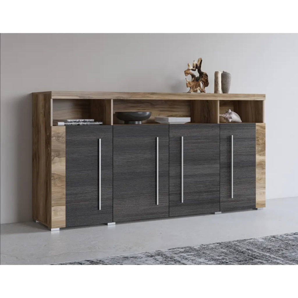 Buffet BRAZZA 4 porte – Ampio spazio in noce satinato – Nicchie decorative – 182 cm
