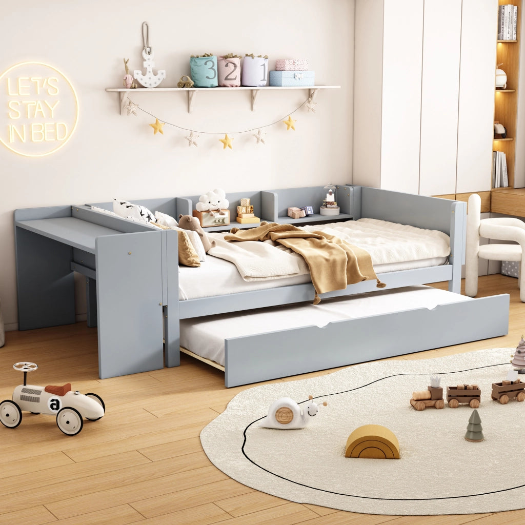 Letto singolo 90x200 cm in pino e MDF con letto estraibile, scrivania e 3 ripiani laterali, grigio