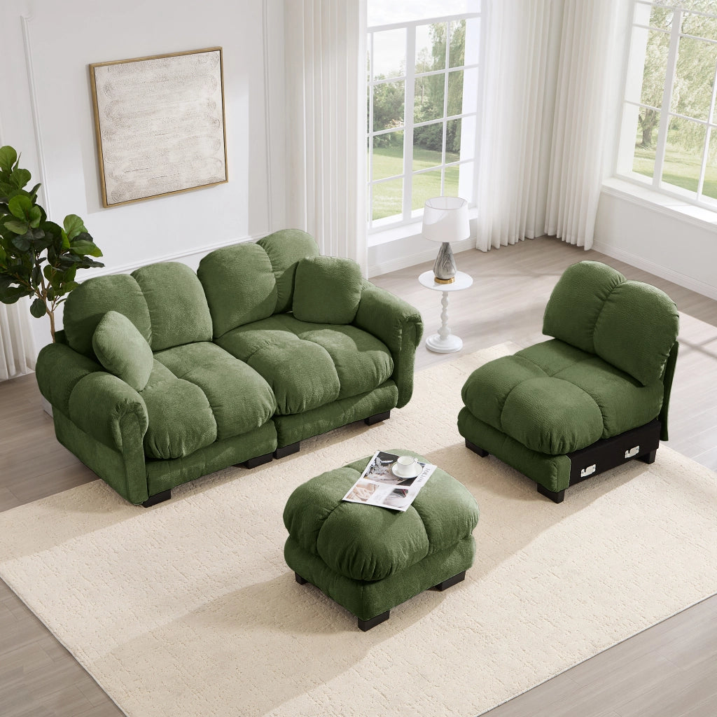 Divano angolare 3 posti con pouf mobile e 2 cuscini, schienale curvo, in ciniglia, Verde