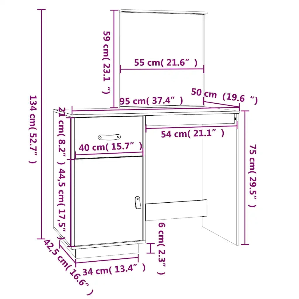 Toeletta | Tavolo da Trucco Bianca 95x50x134 cm in Legno Massello di Pino