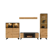 Set da salotto TINO con camino bio-etanolo - Rovere scuro e nero - L340 cm