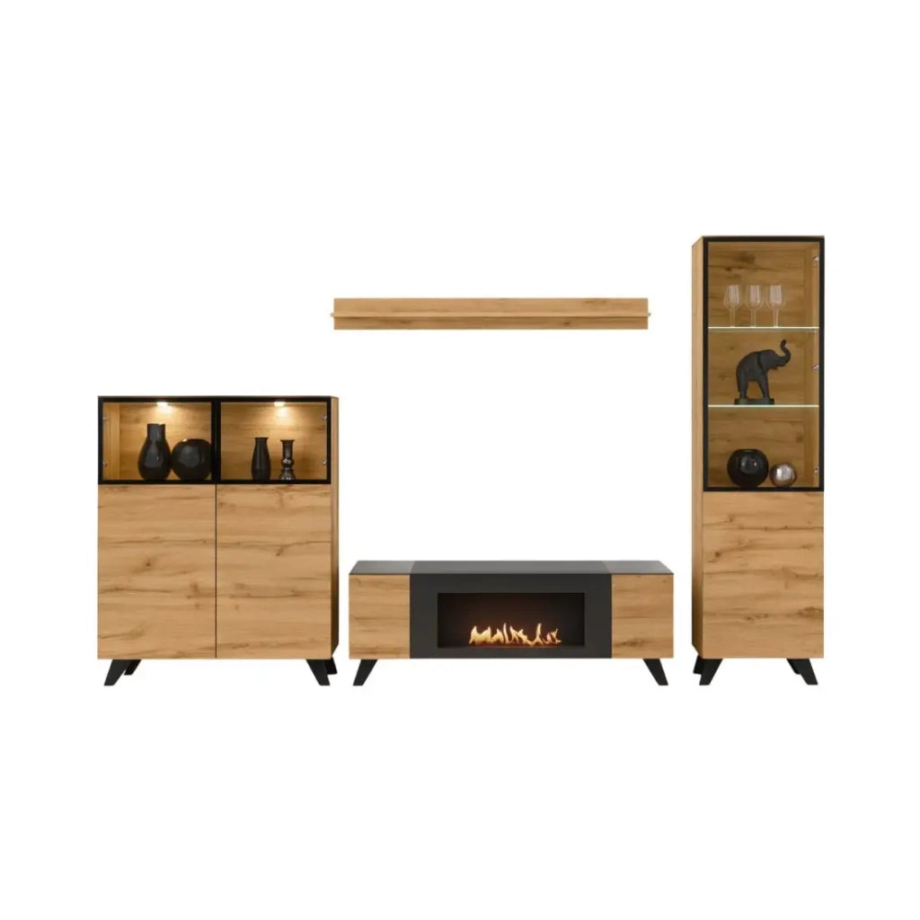 Set da salotto TINO con camino bio-etanolo - Rovere scuro e nero - L340 cm