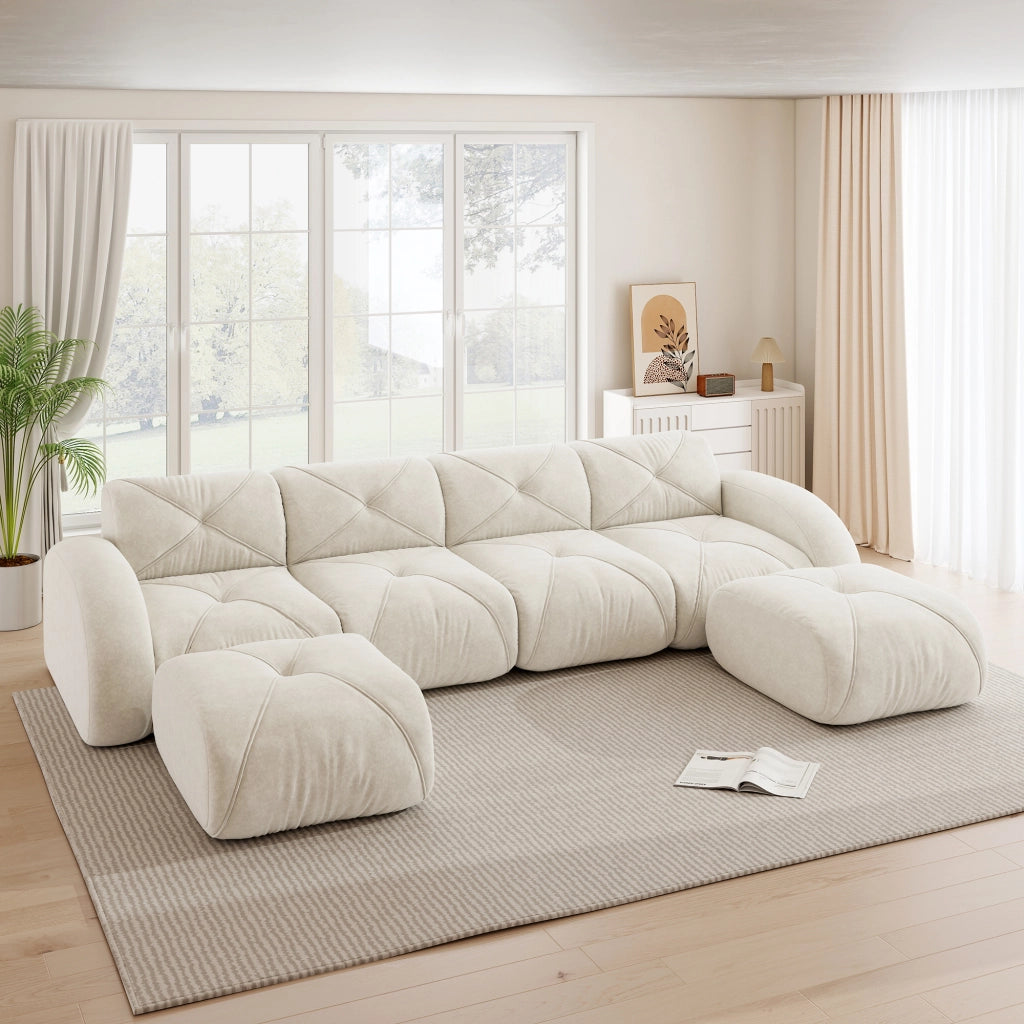 Divano modulare a U senza telaio - Zephmum- 4 posti con 2 pouf, tessuto comodo antiscivolo, bianco