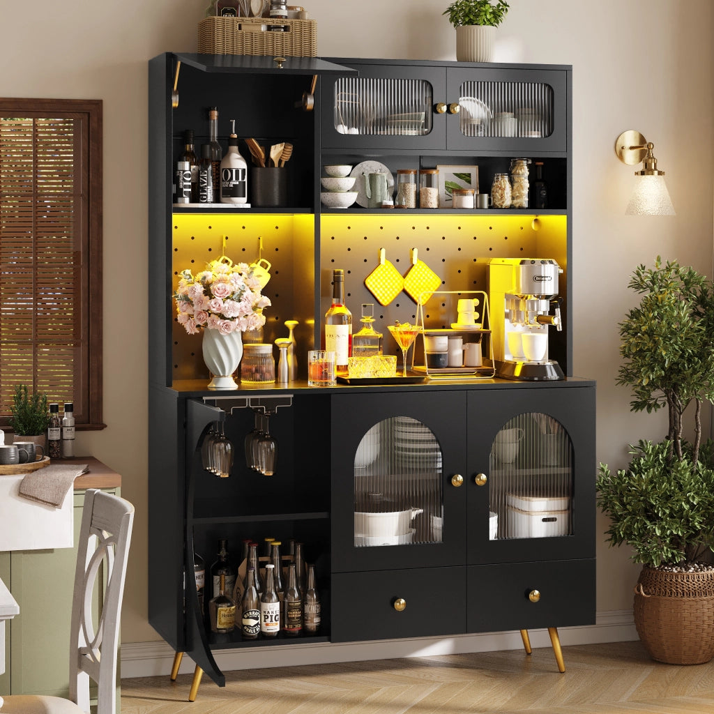 Mobile Credenza con LED, USB e Prese ¨C MINIMAL ¨C Nero, Vetro, Cassetto