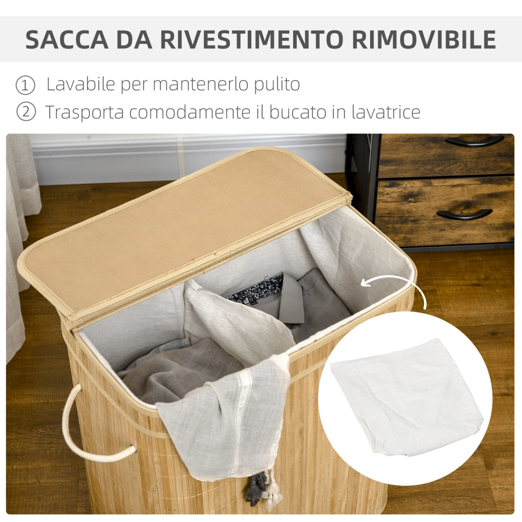 Cesto Portabiancheria Pieghevole in Bamb¨´ con 2 Scomparti e Coperchio ¨C Zephmum ¨C Bianco Naturale