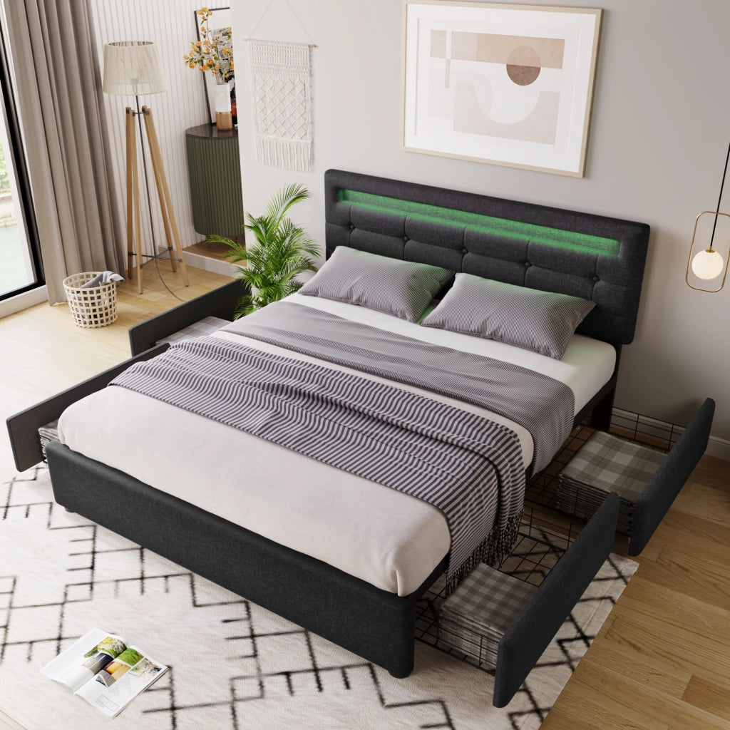 LETTO matrimoniale 140x200 cm in lino nero con LED e 4 cassetti