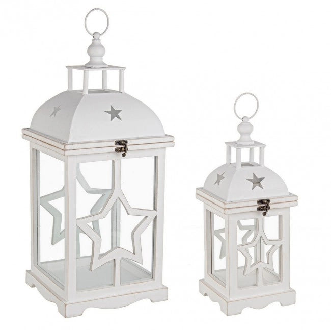 Set di 2 Lanterne Isa in Legno Bianco con Stella Decorativa (2 Pezzi)