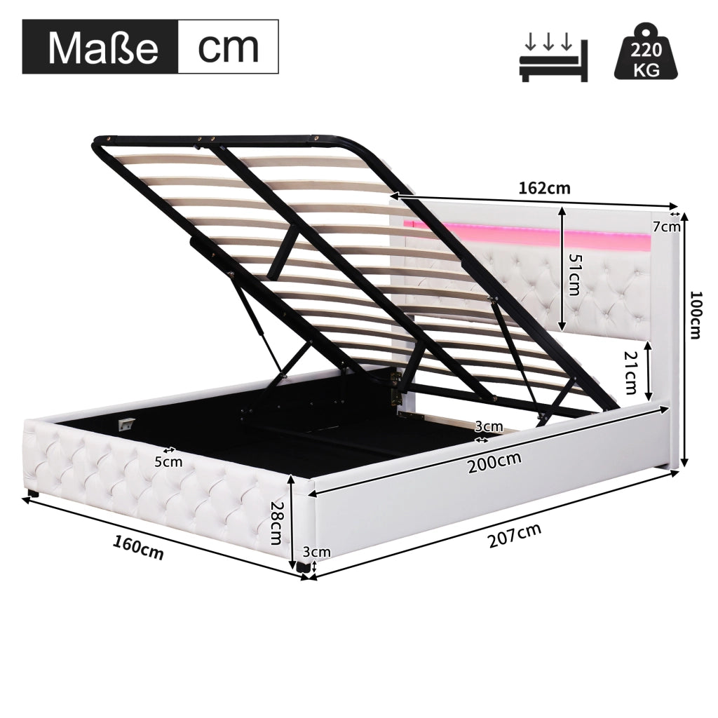 Letto imbottito 160 x 200 cm con rete a doghe, contenitore e LED, bianco, PU