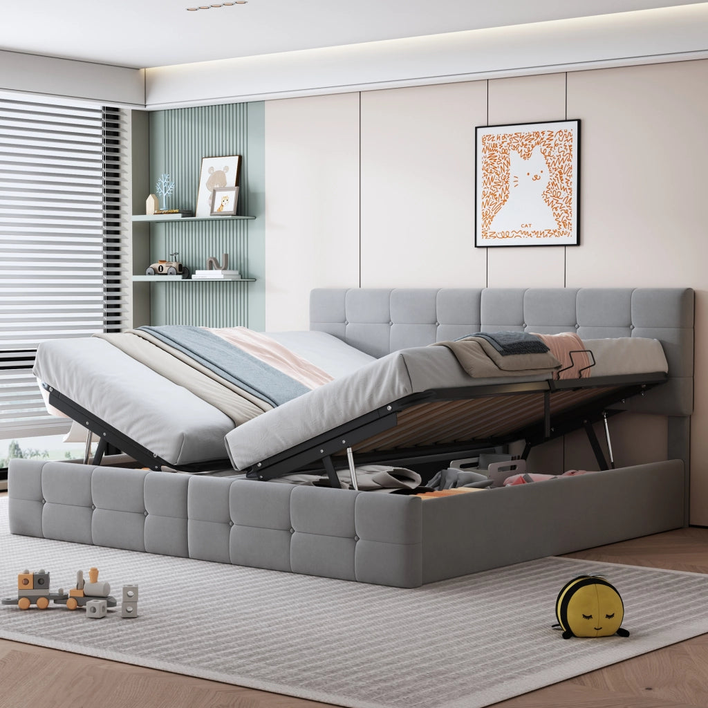 Letto imbottito idraulico 180x200 cm con contenitore, trasformabile in 2 letti singoli, in velluto grigio