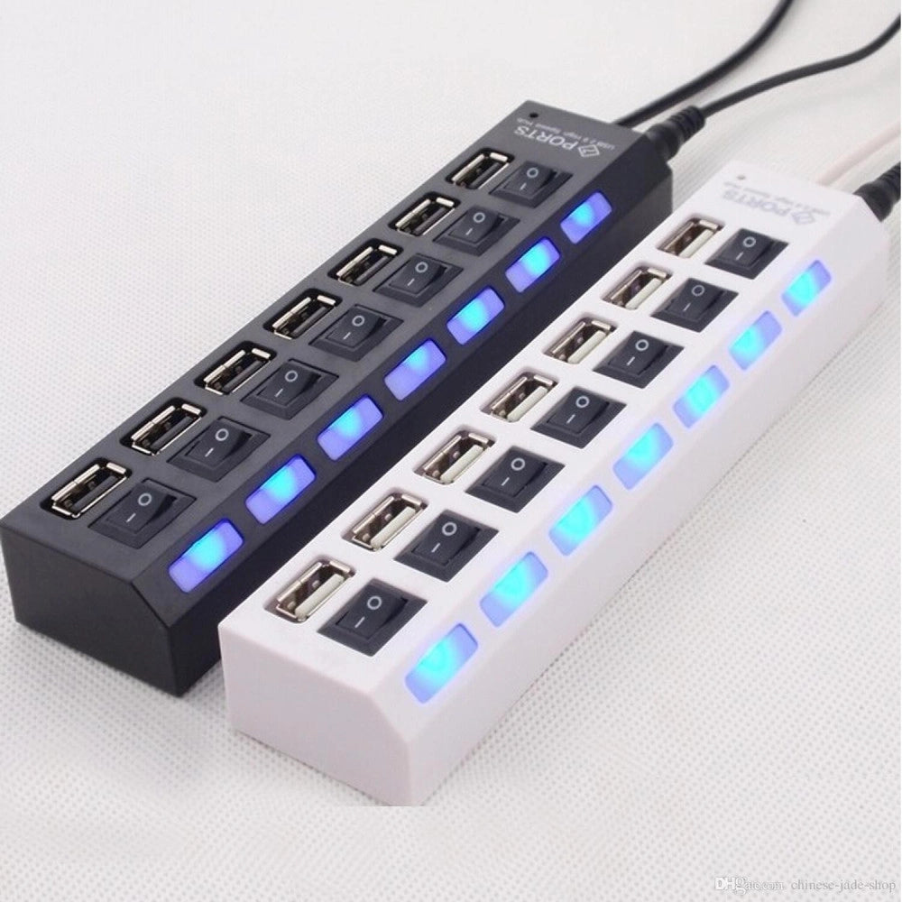 Trade Shop - Ciabatta Usb Multipresa Hub Con 7 Porte Usb 2.0 Nera O Bianca E Led Blu -