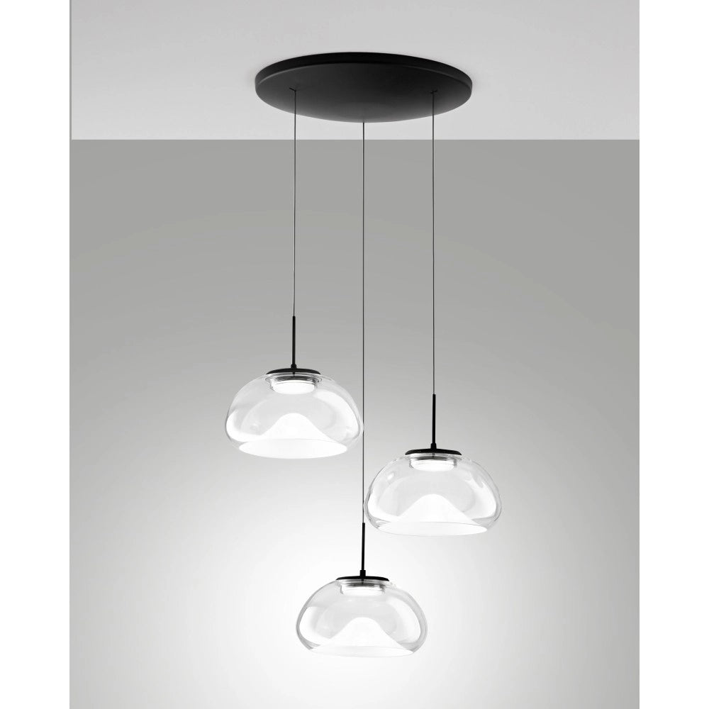 Brena - Lampada a sospensione circolare 3 luci Fabas Luce - LED 30W dimmerabile - Trasparente Rosone rotondo d.35cm