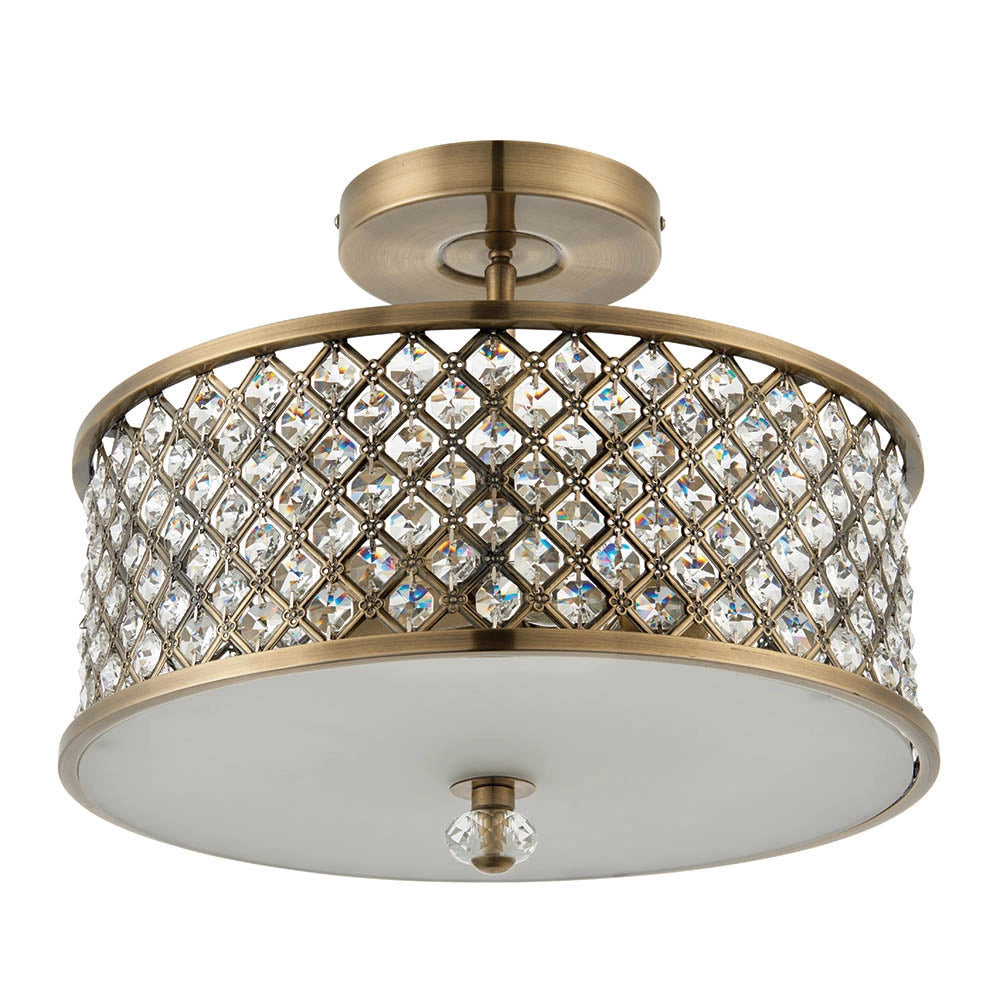 Plafoniera Hudson Endon ottone anticato cristalli tonda 3xE27