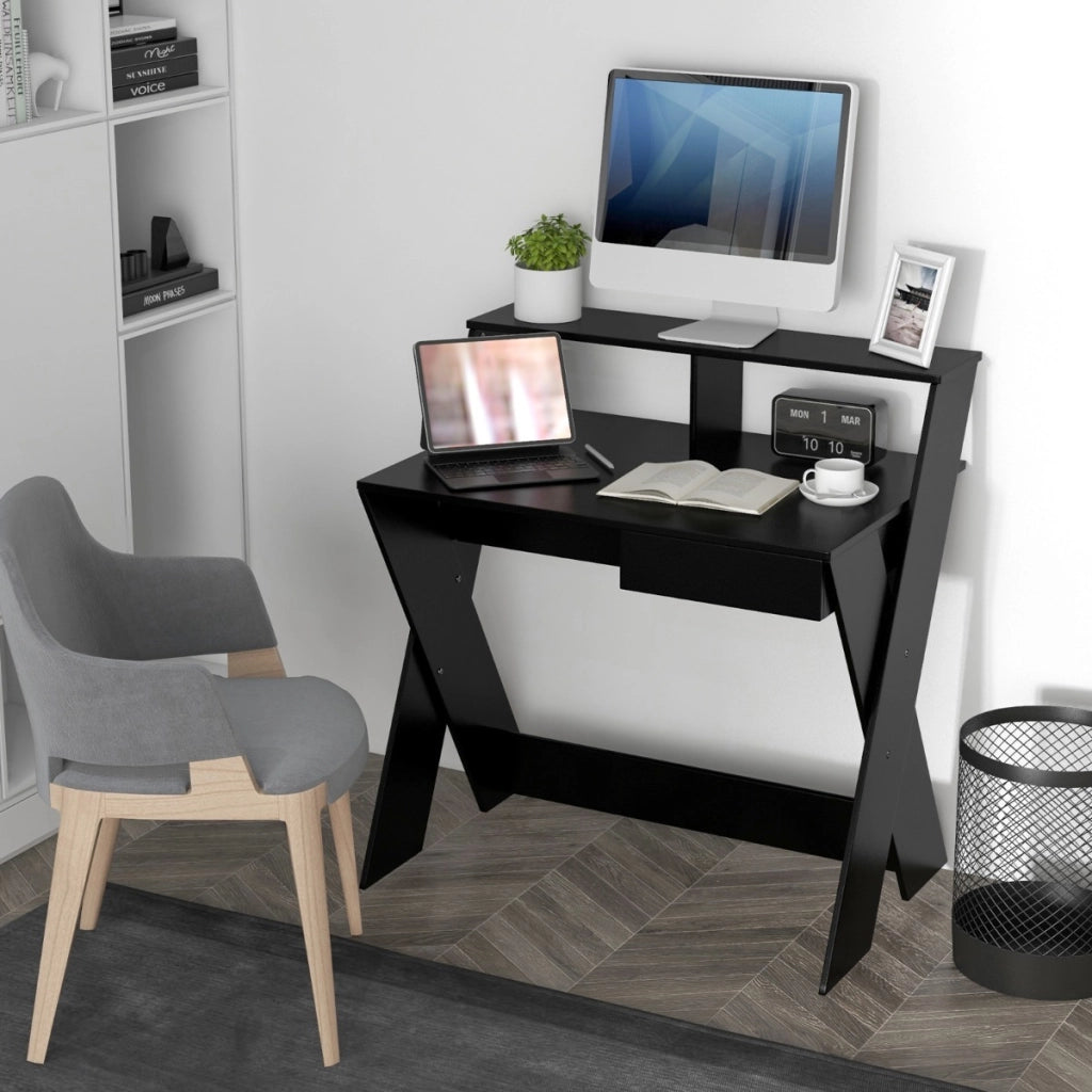 Scrivania per computer con cassetto portaoggetti e supporto per monitor, Tavolo da studio per casa e ufficio Nero