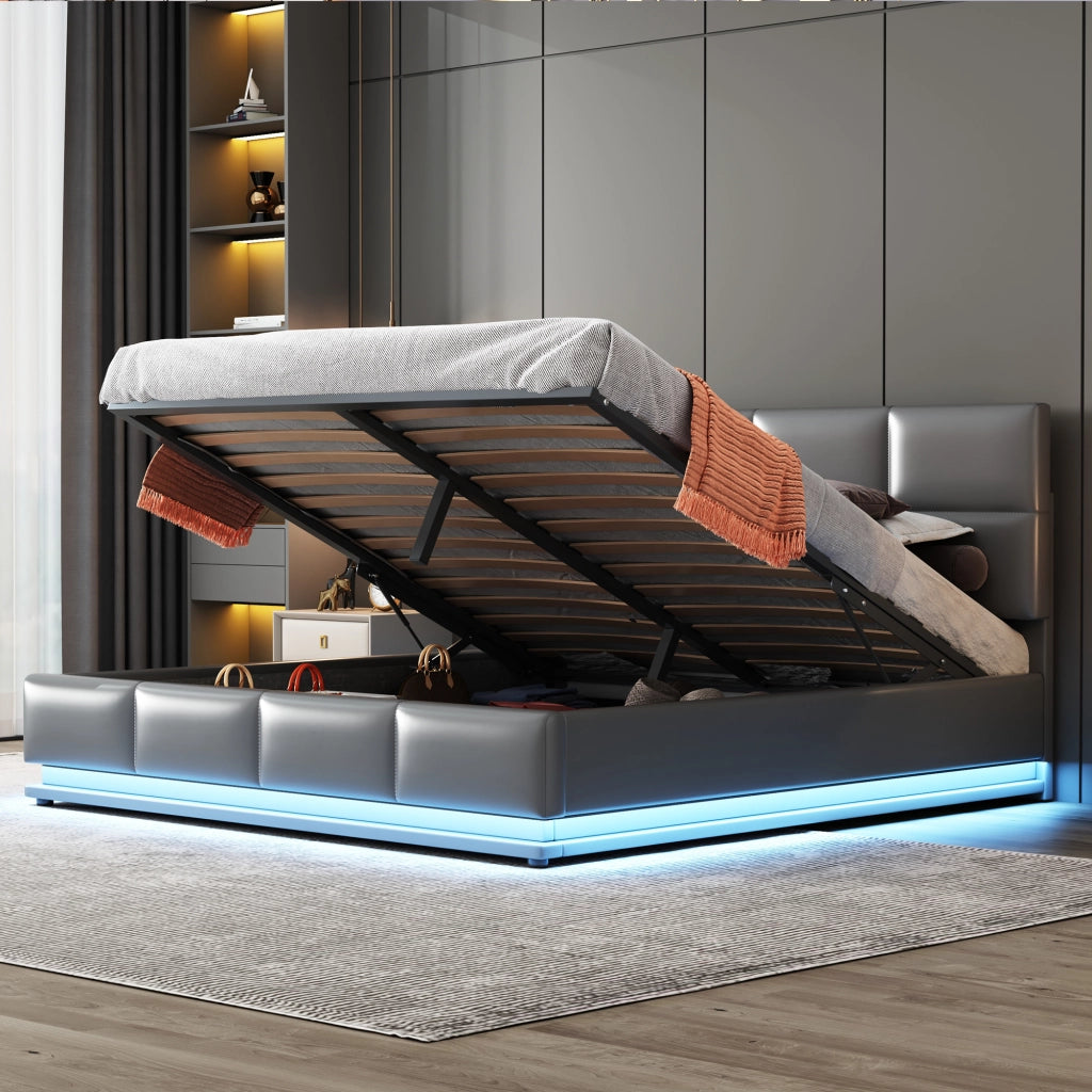 LETTO Imbottito 160x200 cm Grigio con LED e contenitore