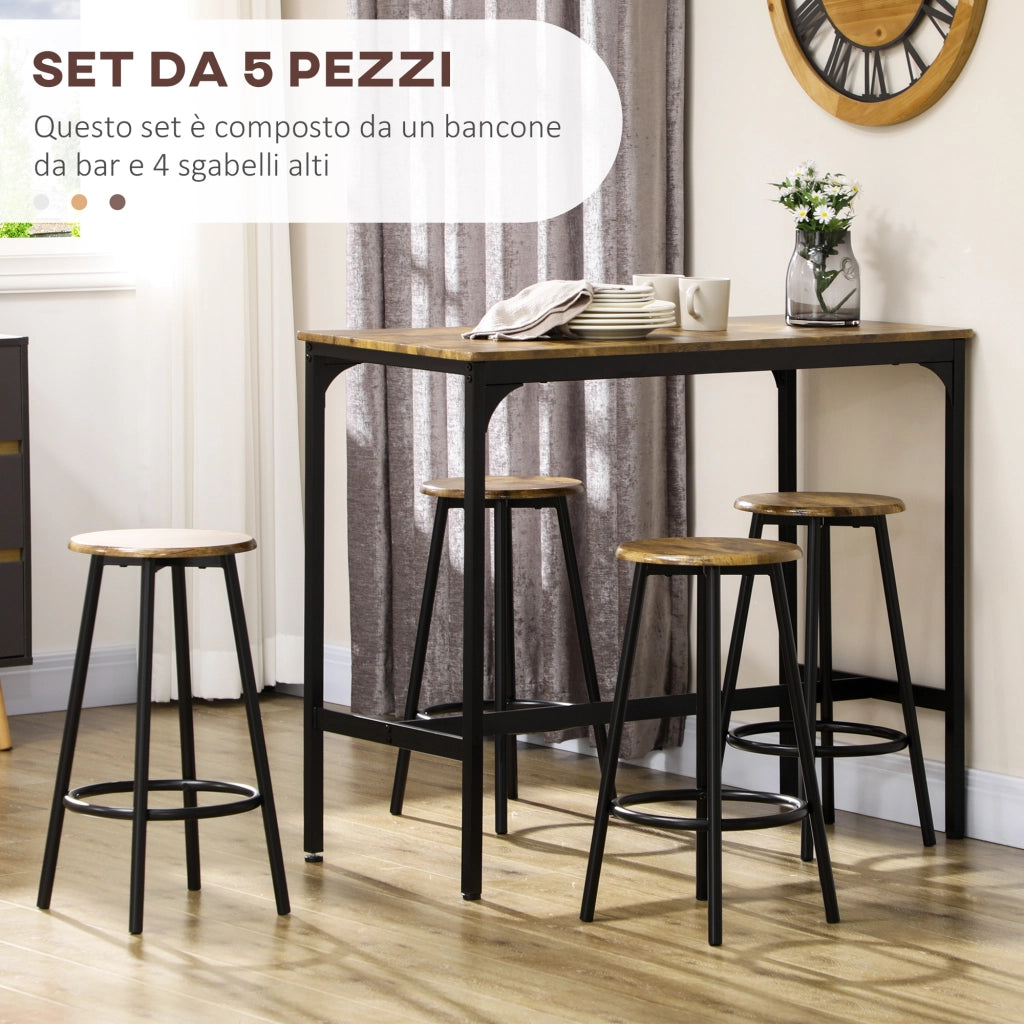 Set da Bar 5 pezzi con Tavolo alto e 4 Sgabelli Stile Industriale, Marrone e Nero
