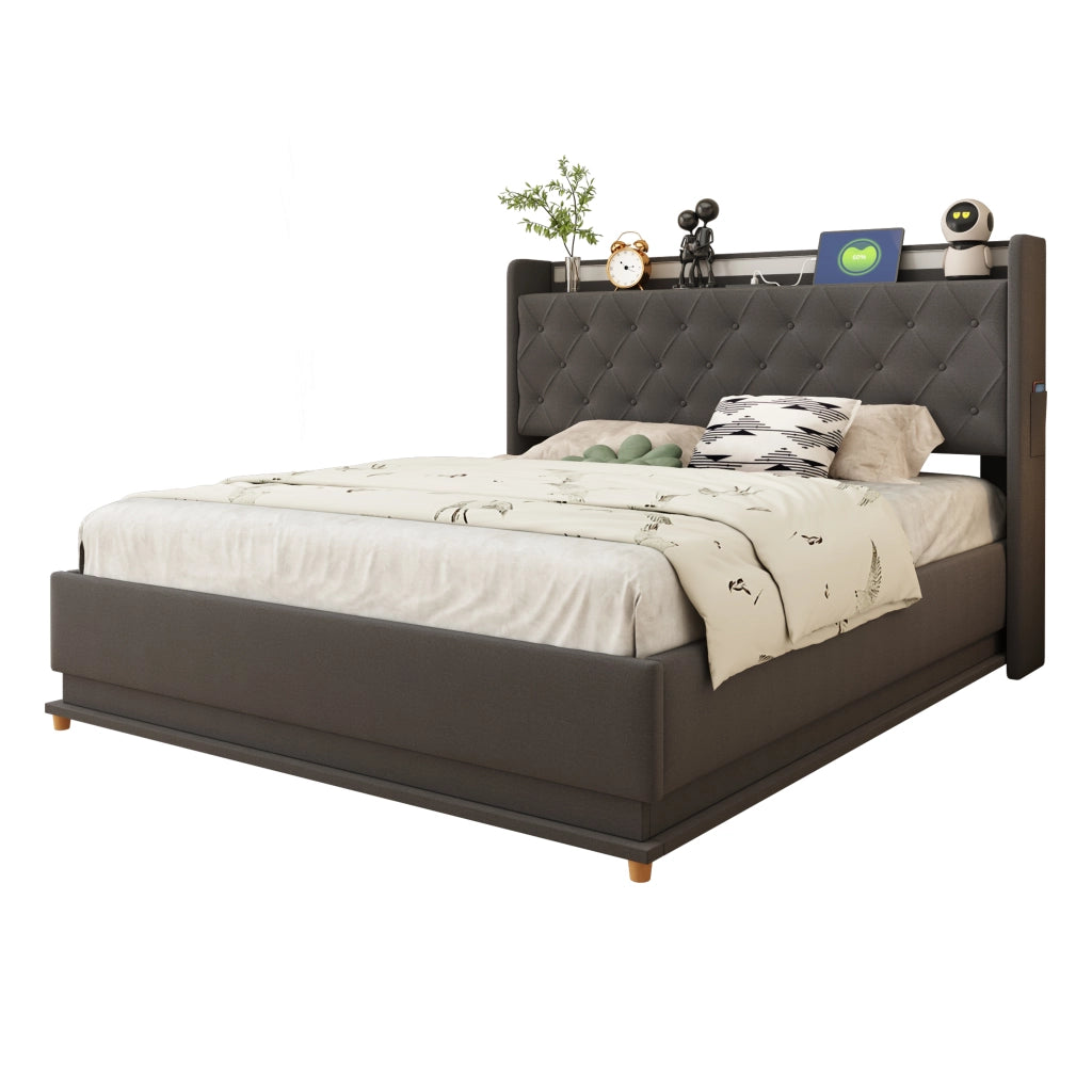 Letto imbottito LED 140x200 cm con USB e contenitore idraulico in tessuto grigio