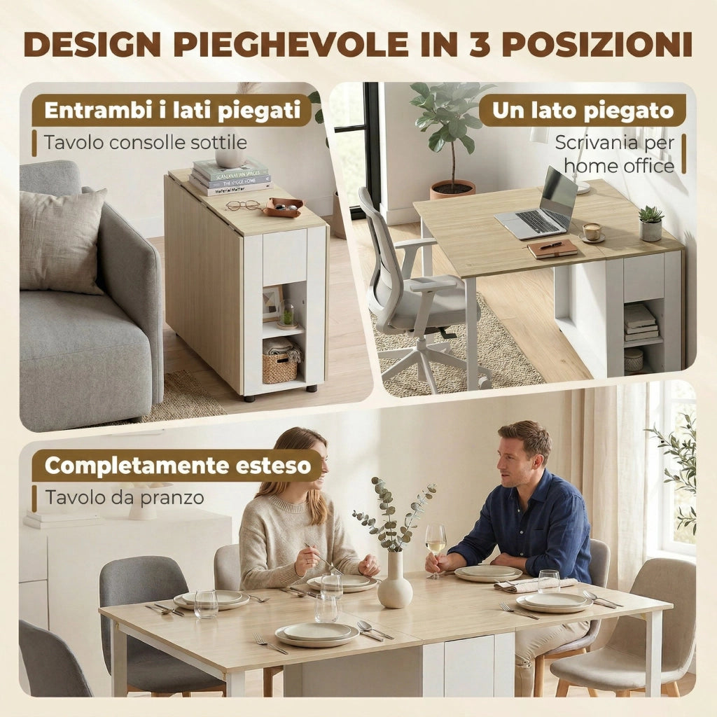 Tavolo Pieghevole per 6 Persone con 2 Cassetti e 4 Ripiani.