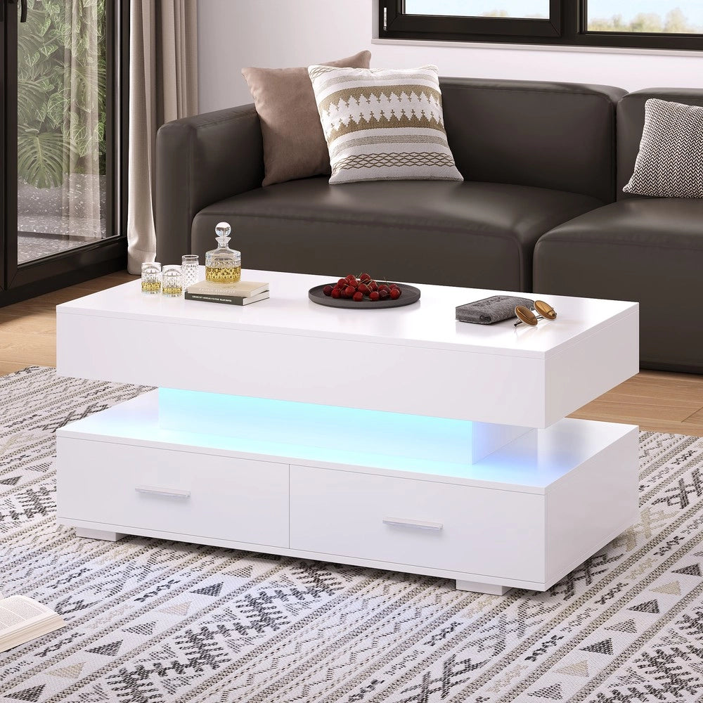 Tavolino da Caff¨¨ Regolabile in Altezza con LED e Cassetti ¨C MINIMAL ¨C Bianco