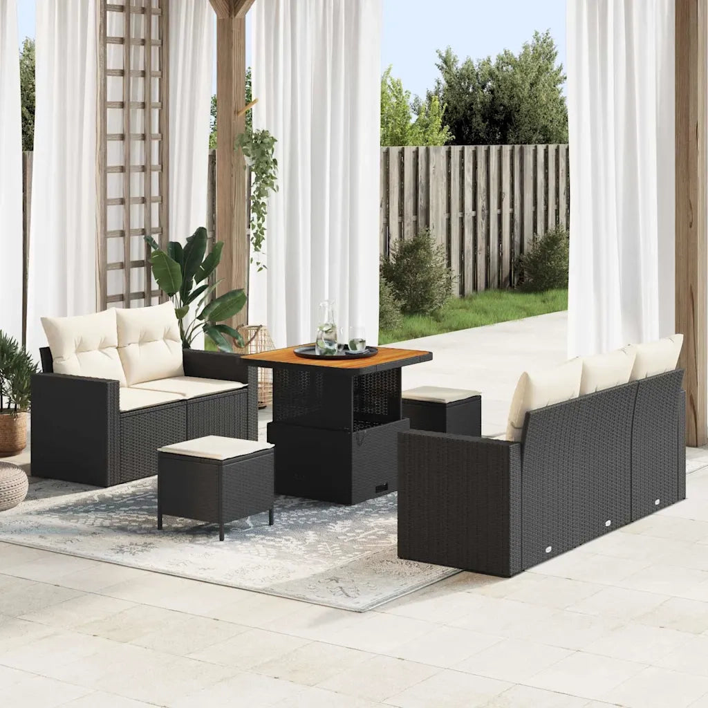 Set Divano da Giardino 8 pcs Nero e Crema polyrattan