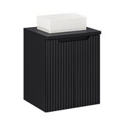 Set VANO 50cm: mobile sottolavabo con armadietti + piano per lavabo nero opaco + lavabo rettangolare da appoggio bianco